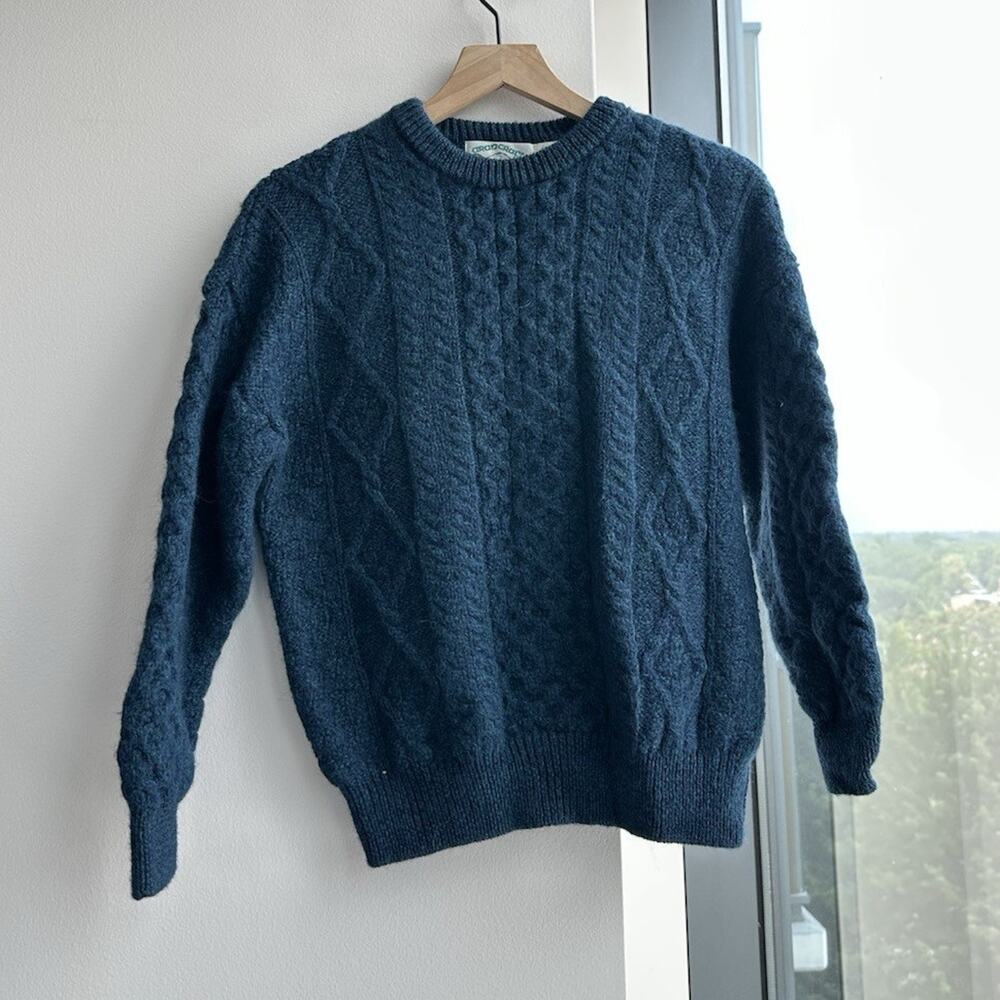 Aran Crafts Blue Cable-Knit Wool Crew Neck Pullover Sweater Men's S